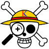 Logo of LuffyKudo, straw hat jolly roger with magnifying glass and combined letters L and K colored blue and red